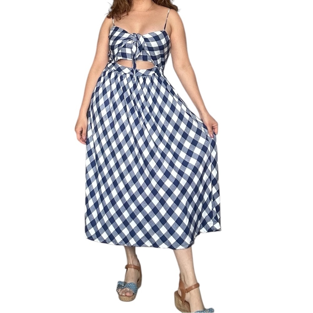 Dex -  Navy and White Gingham Tie-Front Midi Dress - Small - Picture 2 of 12
